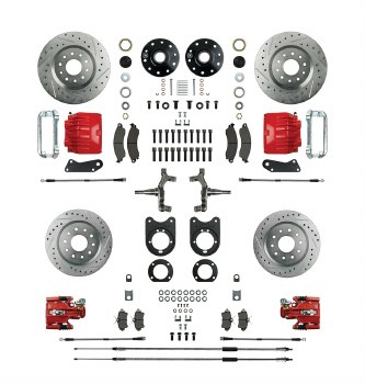 1964-1972 Chevelle Signature Series Big 4 Wheel Disc Brakes Conversion Kit 4 Red Calipers Rotors &amp; Spindles