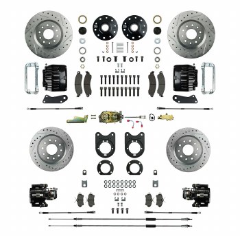 1964-1972 Chevelle Non-Staggered 2&quot; Drop Manual 4 Wheel Disc Brake Conversion Kit Master Cylinder Spindles &amp; 4 Black Calipers