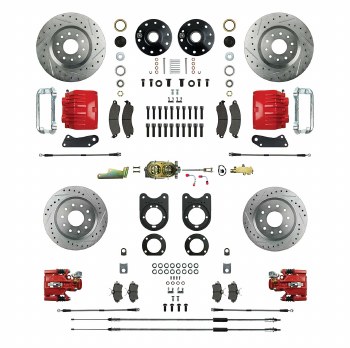 1964-1972 Chevelle Non-Staggered 2&quot; Drop Manual 4 Wheel Disc Brake Conversion Kit Master Cylinder Spindles &amp; 4 Red Calipers