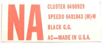 1968 Camaro Dash Carrier GM ID Decal  NA