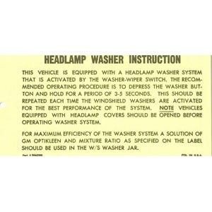 1969 Camaro Headlamp Washer System Instruction Card GM# 3063200