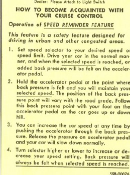 1967 1968 1969 Camaro Cruise Control Instruction Tag