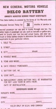 1967 1968 Camaro Delco Battery Warranty Certificate