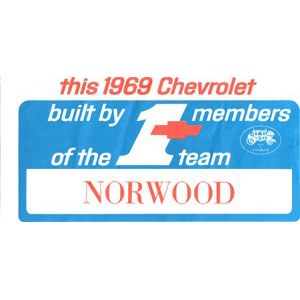 1969 Camaro Number #1 Team Norwood Window Card