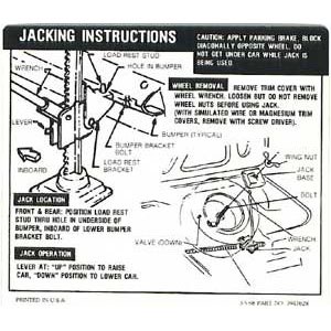 1968 Camaro Coupe Super Sport SS Jacking Instructions  GM# 3947628