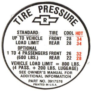 1967 Camaro Tire Pressure Decal  SS 396  GM# 3971576