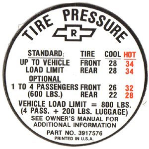 1967 Camaro Tire Pressure Decal SS 396 GM# 3971576 - 1967, 1968, 1969 Camaro  Parts - NOS, Rare, Reproduction Camaro Parts for your Restoration