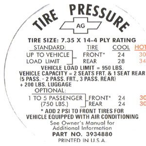 1968 Camaro Tire Pressure Decal  Standard  GM# 3934880