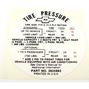 1968 Camaro Tire Pressure Decal  Super Sport SS  GM# 3934883