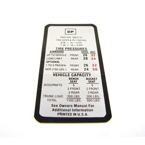 1969 Camaro Tire Pressure Decal  Standard  GM# 3961710