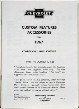 1967 Camaro Custom Features Accessories &amp; Price Schedule Brochure