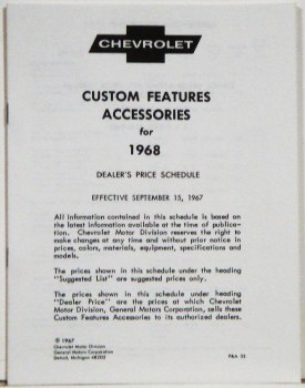 1968 Camaro Custom Features Accessories &amp; Price Schedule Brochure