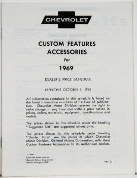 1969 Camaro Custom Features Accessories &amp; Price Schedule Brochure