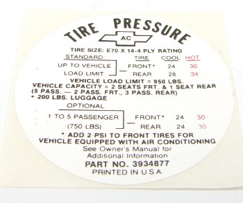 1968 Camaro Tire Pressure Decal  Standard  With AC  GM# 3934877