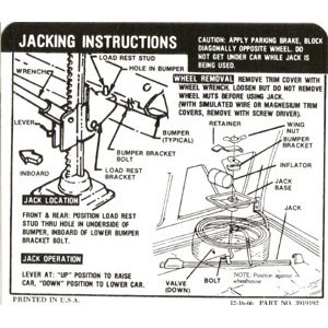 1967 Camaro Coupe Space Saver Tire Jacking Instructions Decal  GM# 3919192