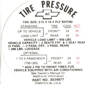 1968 Camaro Tire Pressure Decal  Coupe Super Sport  GM# 3934877