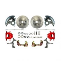 1967 1968 1969 Camaro Front Wheel Disc Brake Conversion Kit 2 Red Coated Calipers Drilled Slotted Rotors & Spindles