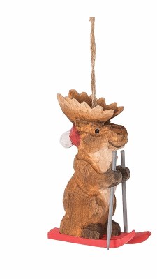 MOOSE CARVED WOOD ON SKIS