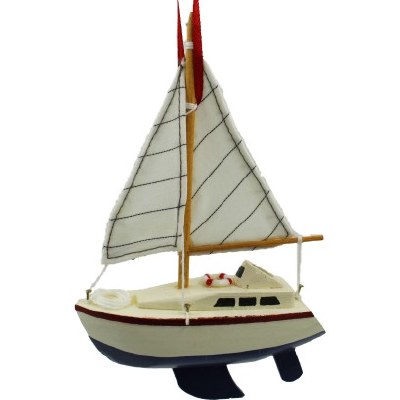BLUE WOODEN YACHT WITH SAILS