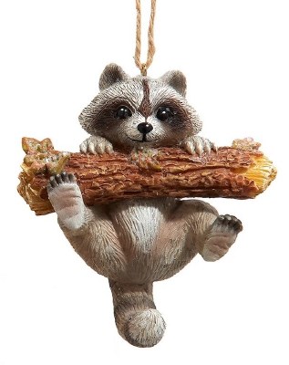 RACCOON HANGING FROM A LOG