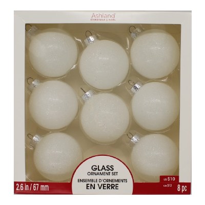 8 PK SPARKLE WHITE GLASS BALLS