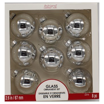 8 PK SILVER SHINY GLASS BALLS