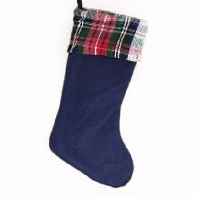 BLUE WITH PLAID TRIM CHRISTMAS STOCKING