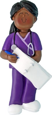 BROWN NURSE BLACK HAIR IN PURPLE SCRUBS