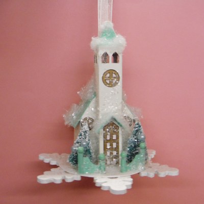 SNOWFLAKE CHURCH TRIMMED IN GREEN