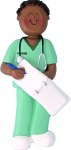 BROWN NURSE BLACK HAIR GREEN SCRUBS