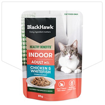BlackHawk Adult Cat Indoor Chicken with Whitefish Chunks in Gravy 12x85g Wet Cat Food