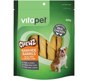 VitaPet JerHigh Chewz Rawhide Barrels with Chicken Liver Dog Treats 400g