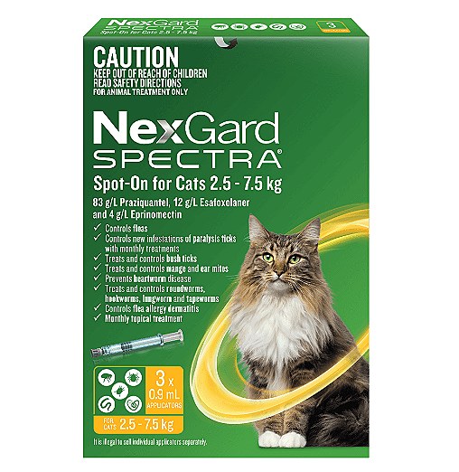 NexGard Spectra Wormer And Flea Spot-On for Cats 2.5kg to 7.5kg (3 Pack ...