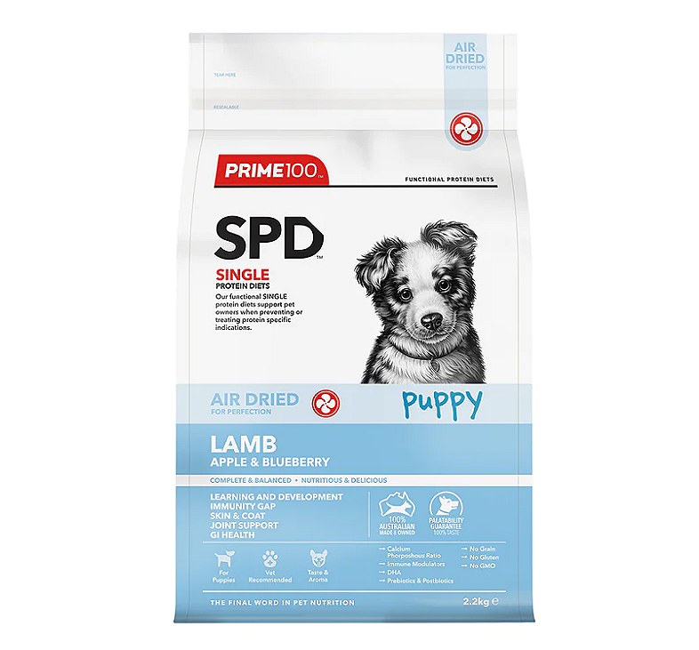 Prime100 SPD Air Dried Lamb, Apple & Blueberry Dry Puppy Food 2.2kg ...