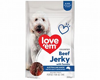Love Em Grain Free Beef Jerky with Tomato Dog Treats 200g