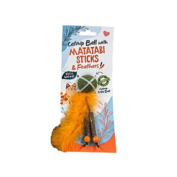 K9 Homes Organic Matatabi Catnip Ball with Matatabi Sticks and Feathers Orange Cat Toy