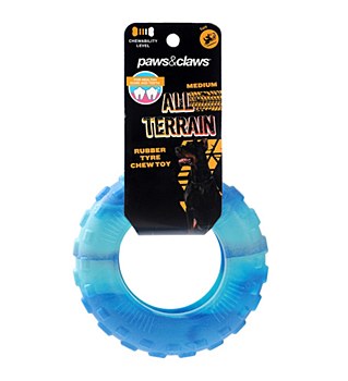 Paws &amp; Claws All Terrain Rubber Tyre Medium Blue Dog Toy