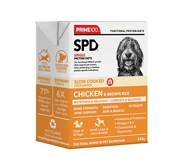 Prime100 Single Protein Diet Slow Cooked Chicken &amp; Brown Rice 354g x12 Wet Dog Food