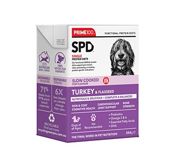 Prime100 Single Protein Diet Slow Cooked Turkey &amp; Flaxseed 354g x12 Wet Dog Food