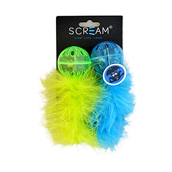 Scream Lattice Balls with Feathers Green &amp; Blue Cat Toys