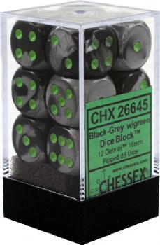 D6 12-die set: 16mm Gemini Black-Grey/green