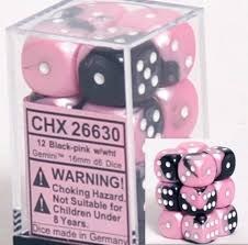 D6 12-die set: 16mm Gemini Black-Pink/white
