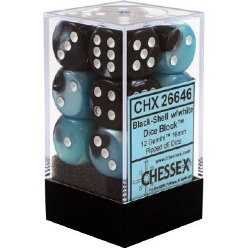 D6 12-die set: 16mm Gemini Black-Shell/white