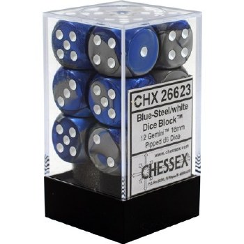 D6 12-die set: 16mm Gemini Blue-Steel/white