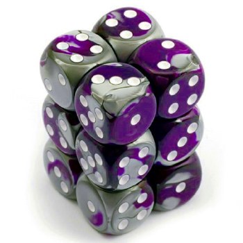 D6 12-die set: 16mm Gemini Purple-Steel/white