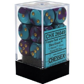 D6 12-die set: 16mm Gemini Purple-Teal/gold