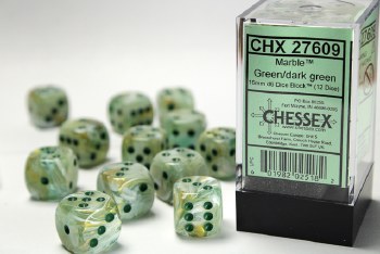 D6 12-die set: 16mm Marble Green/dark green