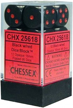 D6 12-die set: 16mm Opaque Black/red