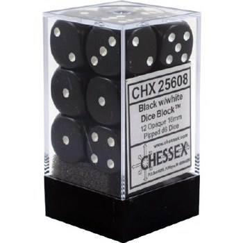 D6 12-die set: 16mm Opaque Black/white