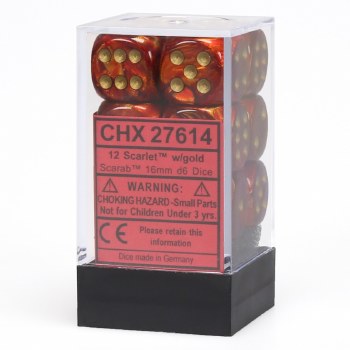 D6 12-die set: 16mm Scarab Scarlet/gold